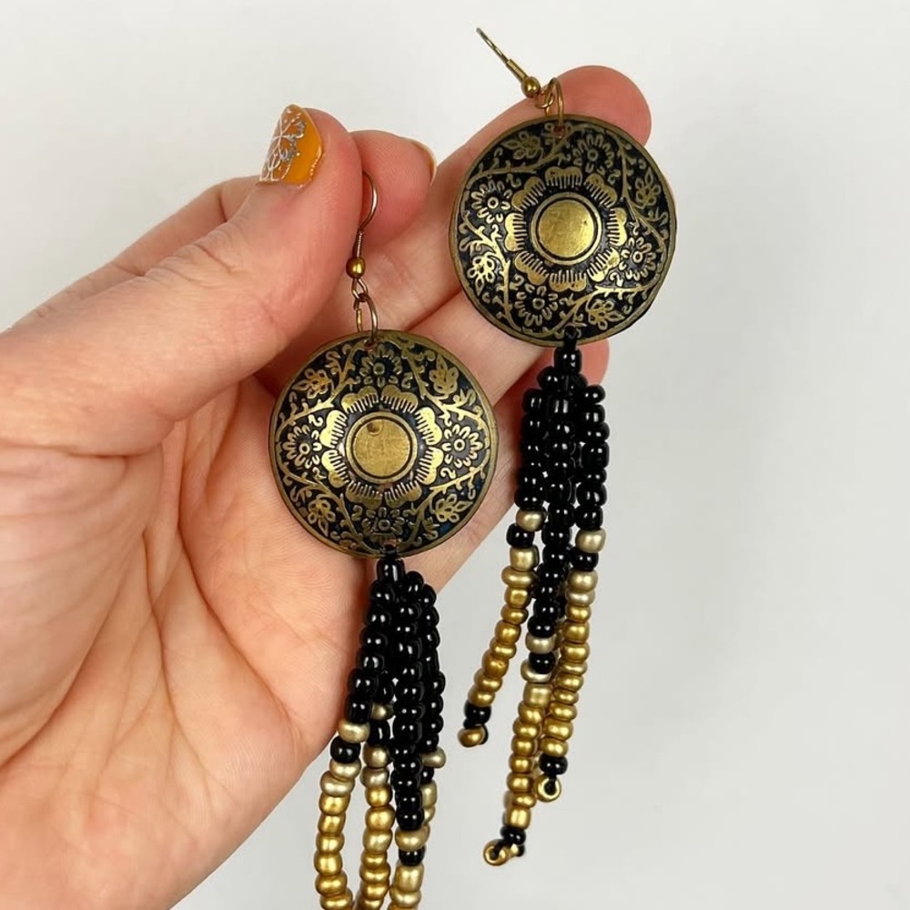 Hand-Beaded Bohemian Medallion Dangle Hippie Earrings‎ - Golden Brass & Black
